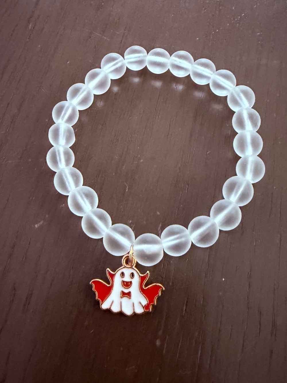 Frosted White Bead Bracelet with Red & White Ghost Charm